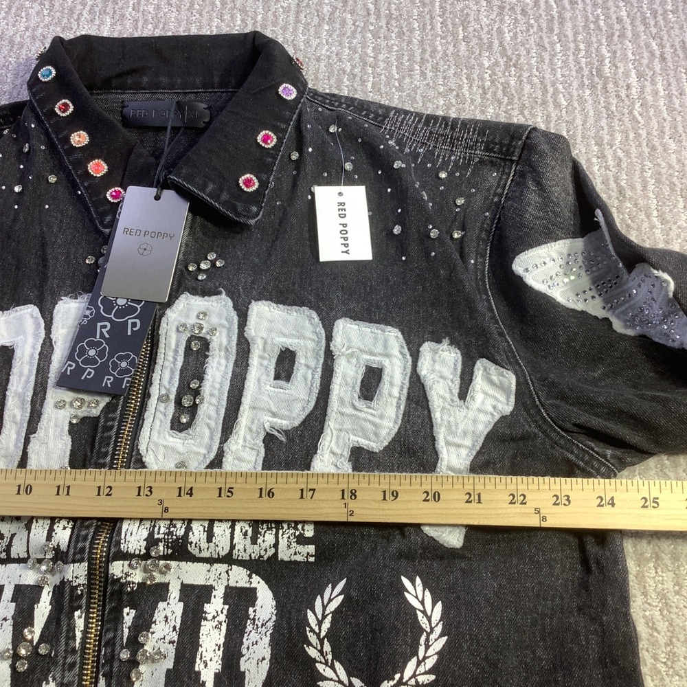 Red Poppy Black Wash Embellished Graphic Denim Jacket Mens Size XL NWT - Picture 11 of 14